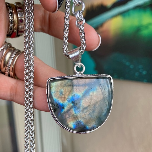 925 sterling silver overlay iridescent labradorite charm boho gemstone necklace - Picture 4 of 15